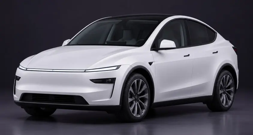 White 2026 Tesla Model Y in a studio, front three-quarter view